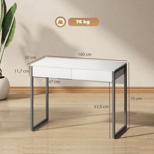 HOMCOM Secretária com 2 Gavetas 100x50x75 cm Mesa de Computador com Estrutura de Aço para Casa Escritório Espaços Pequenos Branco Brilhante