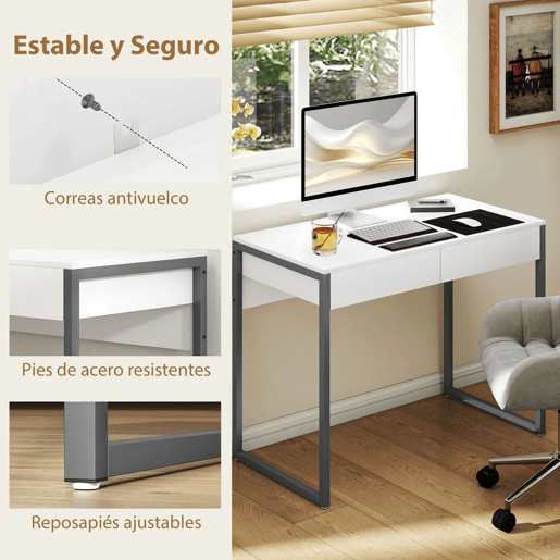 HOMCOM Secretária com 2 Gavetas 100x50x75 cm Mesa de Computador com Estrutura de Aço para Casa Escritório Espaços Pequenos Branco Brilhante