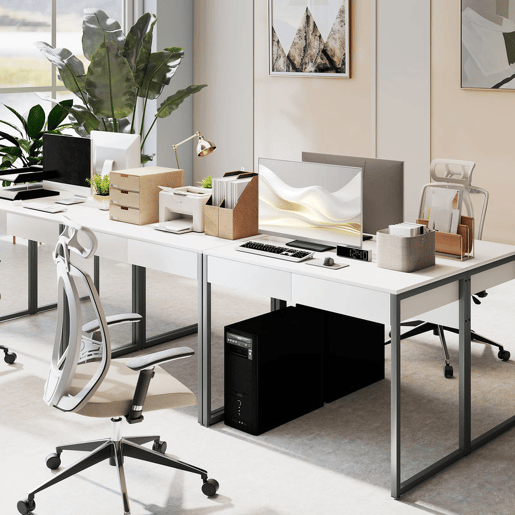 HOMCOM Secretária com 2 Gavetas 100x50x75 cm Mesa de Computador com Estrutura de Aço para Casa Escritório Espaços Pequenos Branco Brilhante