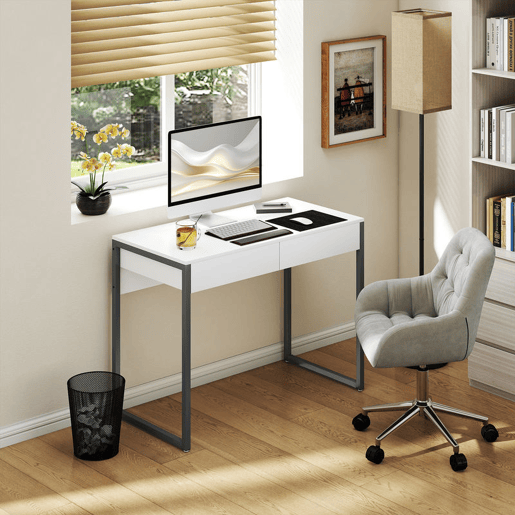 HOMCOM Secretária com 2 Gavetas 100x50x75 cm Mesa de Computador com Estrutura de Aço para Casa Escritório Espaços Pequenos Branco Brilhante