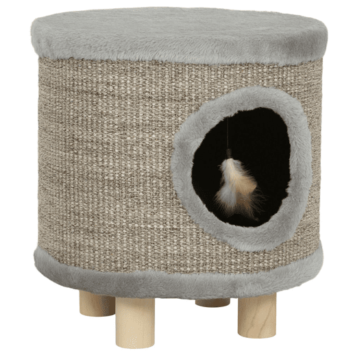 PawHut Casa para Gatos 3 em 1 Banco Apoio para os Pés e Cama com Arranhador Pés de Madeira e Brinquedo Pendurado para Interior 36x36x38 cm Cinzento