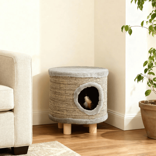 PawHut Casa para Gatos 3 em 1 Banco Apoio para os Pés e Cama com Arranhador Pés de Madeira e Brinquedo Pendurado para Interior 36x36x38 cm Cinzento
