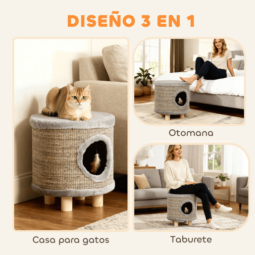 PawHut Casa para Gatos 3 em 1 Banco Apoio para os Pés e Cama com Arranhador Pés de Madeira e Brinquedo Pendurado para Interior 36x36x38 cm Cinzento