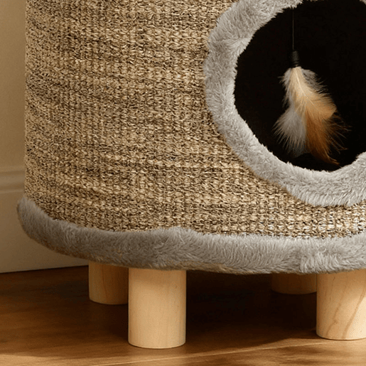 PawHut Casa para Gatos 3 em 1 Banco Apoio para os Pés e Cama com Arranhador Pés de Madeira e Brinquedo Pendurado para Interior 36x36x38 cm Cinzento