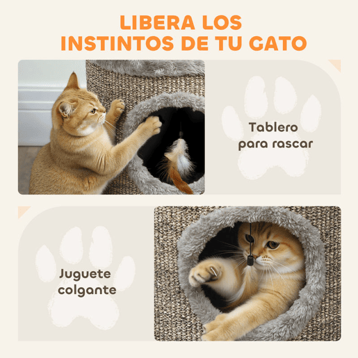 PawHut Casa para Gatos 3 em 1 Banco Apoio para os Pés e Cama com Arranhador Pés de Madeira e Brinquedo Pendurado para Interior 36x36x38 cm Cinzento