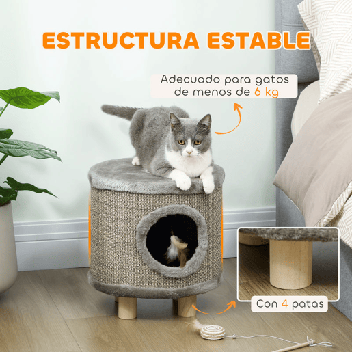 PawHut Casa para Gatos 3 em 1 Banco Apoio para os Pés e Cama com Arranhador Pés de Madeira e Brinquedo Pendurado para Interior 36x36x38 cm Cinzento