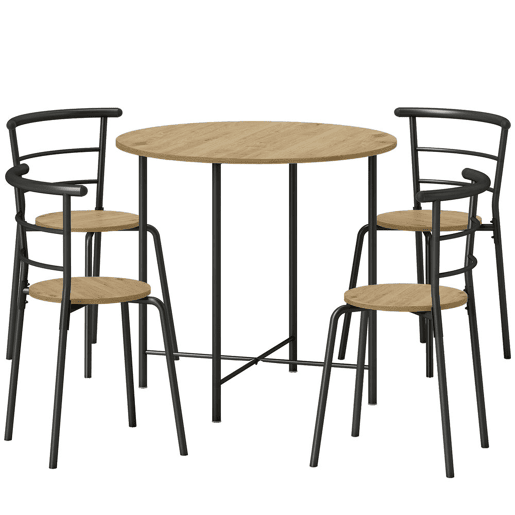 HOMCOM Conjunto de Mesa e Cadeiras de Jantar Compacto, Mesa Redonda com 4 Cadeiras, Estilo Industrial, Estrutura Metálica, Ideal para Espaços Pequenos, Sala de Jantar, Mesa Ø85x76 cm, Natural