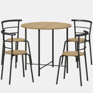 HOMCOM Conjunto de Mesa e Cadeiras de Jantar Compacto, Mesa Redonda com 4 Cadeiras, Estilo Industrial, Estrutura Metálica, Ideal para Espaços Pequenos, Sala de Jantar, Mesa Ø85x76 cm, Natural