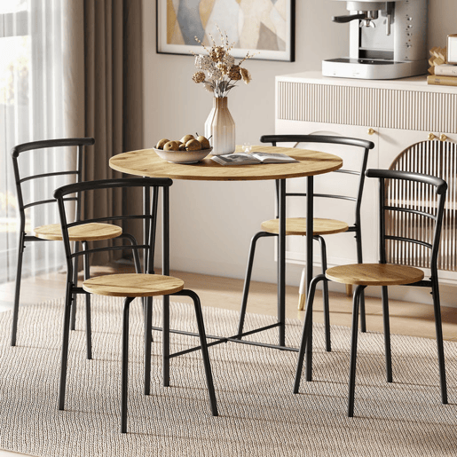 HOMCOM Conjunto de Mesa e Cadeiras de Jantar Compacto, Mesa Redonda com 4 Cadeiras, Estilo Industrial, Estrutura Metálica, Ideal para Espaços Pequenos, Sala de Jantar, Mesa Ø85x76 cm, Natural