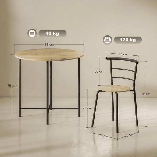 HOMCOM Conjunto de Mesa e Cadeiras de Jantar Compacto, Mesa Redonda com 4 Cadeiras, Estilo Industrial, Estrutura Metálica, Ideal para Espaços Pequenos, Sala de Jantar, Mesa Ø85x76 cm, Natural