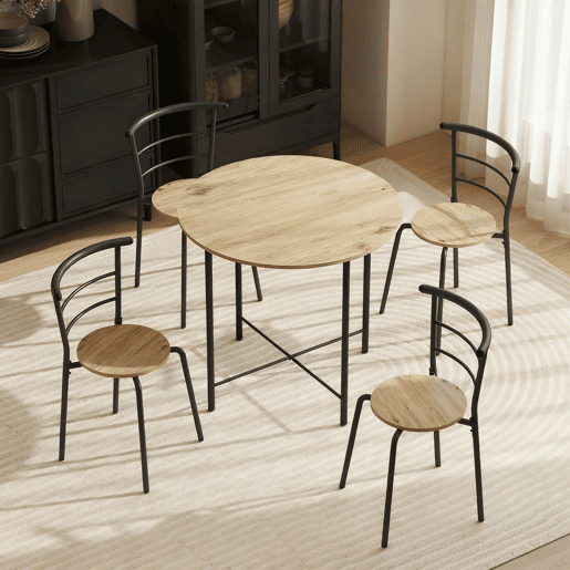 HOMCOM Conjunto de Mesa e Cadeiras de Jantar Compacto, Mesa Redonda com 4 Cadeiras, Estilo Industrial, Estrutura Metálica, Ideal para Espaços Pequenos, Sala de Jantar, Mesa Ø85x76 cm, Natural