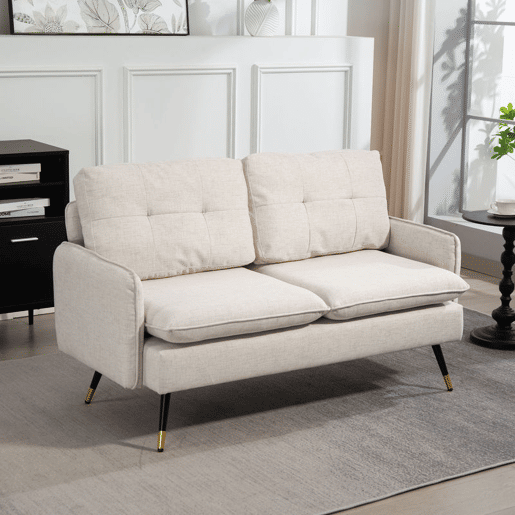 HOMCOM Sofá de 2 Lugares Sofá Moderno Estofado em Poliéster com 4 Almofadas Apoio para os Braços e Pés de Aço para Sala de Estar Escritório Carga Máxima 240 kg 139x68x80 cm Creme