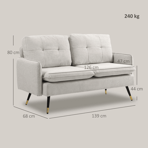 HOMCOM Sofá de 2 Lugares Sofá Moderno Estofado em Poliéster com 4 Almofadas Apoio para os Braços e Pés de Aço para Sala de Estar Escritório Carga Máxima 240 kg 139x68x80 cm Creme
