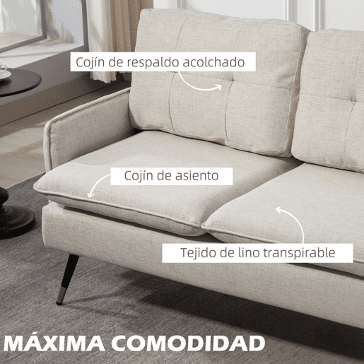 HOMCOM Sofá de 2 Lugares Sofá Moderno Estofado em Poliéster com 4 Almofadas Apoio para os Braços e Pés de Aço para Sala de Estar Escritório Carga Máxima 240 kg 139x68x80 cm Creme