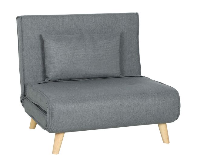 Homcom sofá cama de 1 plaza 3 en 1, sillón cama plegable tapizado en lino sintético, con respaldo ajustable en 6 niveles, almohada, asiento ancho, patas de madera, 90x78x79 cm, gris