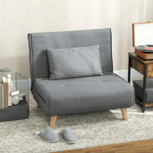 HOMCOM Poltrona 2 em 1 Sofá Cama Individual Dobrável com Encosto Ajustável e Almofada para Sala de Estar Dormitório Escritório Carga 125 kg 90x78x79 cm Cinza
