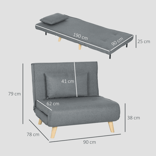 HOMCOM Poltrona 2 em 1 Sofá Cama Individual Dobrável com Encosto Ajustável e Almofada para Sala de Estar Dormitório Escritório Carga 125 kg 90x78x79 cm Cinza