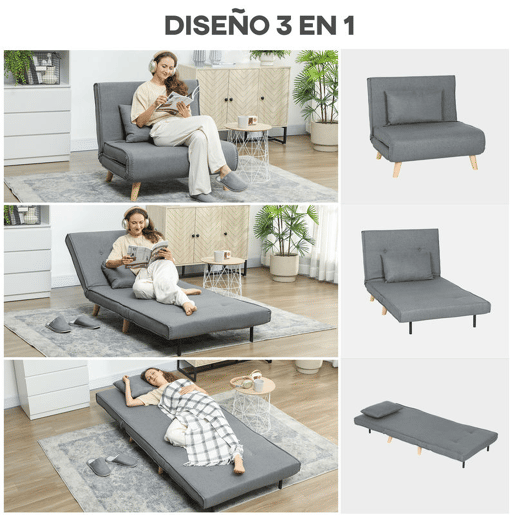 HOMCOM Poltrona 2 em 1 Sofá Cama Individual Dobrável com Encosto Ajustável e Almofada para Sala de Estar Dormitório Escritório Carga 125 kg 90x78x79 cm Cinza
