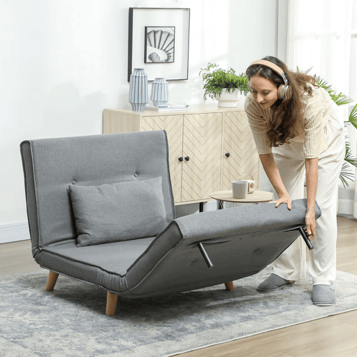 HOMCOM Poltrona 2 em 1 Sofá Cama Individual Dobrável com Encosto Ajustável e Almofada para Sala de Estar Dormitório Escritório Carga 125 kg 90x78x79 cm Cinza