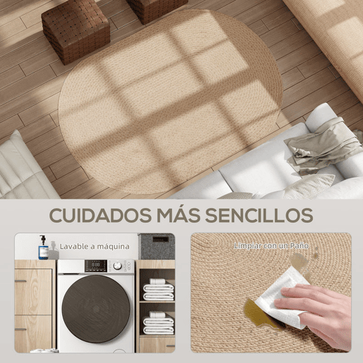 HOMCOM Tapete Oval para Sala de Estar 170x120 cm Tapete Lavável à Máquina Tecido à Mão Estilo Rústico Tapete para Sala de Estar Quarto Sala de Jantar Bege