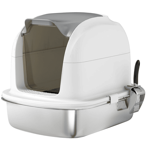 PawHut Caixa de Areia para Gatos em Aço Inoxidável XL Caixa de Areia para Gatos Grandes com Tampa Abatível Laterais Alta Entrada Superior Pá sem Odores Fácil de Limpar Antifugas 52,4x41,3x42 cm Branco