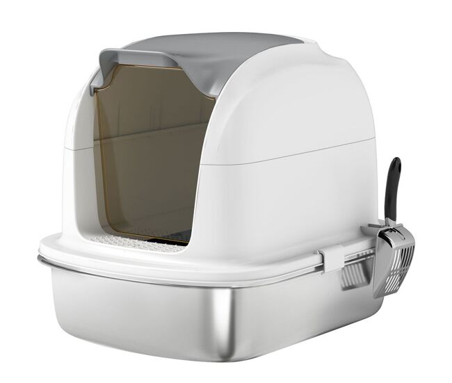 Pawhut arenero para gatos de acero inoxidable xl, caja de arena para gatos, arenero con tapa abatible, laterales altos, entrada superior, pala, sin olores, fácil de limpiar, antifugas, blanco