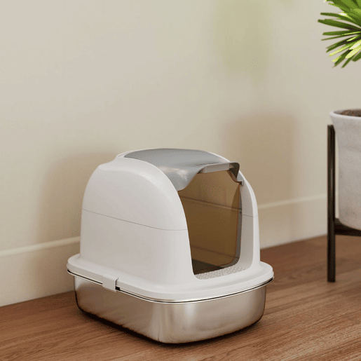 PawHut Caixa de Areia para Gatos em Aço Inoxidável XL Caixa de Areia para Gatos Grandes com Tampa Abatível Laterais Alta Entrada Superior Pá sem Odores Fácil de Limpar Antifugas 52,4x41,3x42 cm Branco