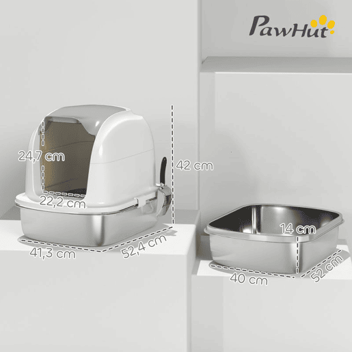 PawHut Caixa de Areia para Gatos em Aço Inoxidável XL Caixa de Areia para Gatos Grandes com Tampa Abatível Laterais Alta Entrada Superior Pá sem Odores Fácil de Limpar Antifugas 52,4x41,3x42 cm Branco