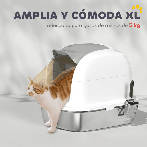 PawHut Caixa de Areia para Gatos em Aço Inoxidável XL Caixa de Areia para Gatos Grandes com Tampa Abatível Laterais Alta Entrada Superior Pá sem Odores Fácil de Limpar Antifugas 52,4x41,3x42 cm Branco