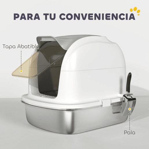 PawHut Caixa de Areia para Gatos em Aço Inoxidável XL Caixa de Areia para Gatos Grandes com Tampa Abatível Laterais Alta Entrada Superior Pá sem Odores Fácil de Limpar Antifugas 52,4x41,3x42 cm Branco