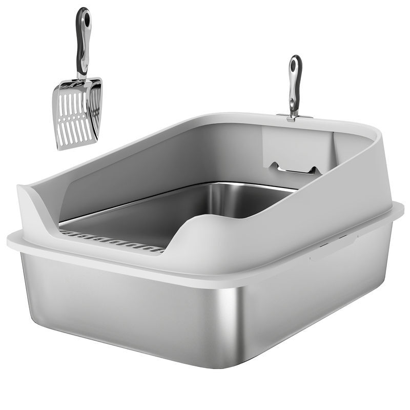Pawhut arenero para gatos de acero inoxidable xxl, caja de arena para gatos, arenero con borde alto, pala metálica, fácil de limpiar, prueba de fugas, 69,8x50,3x29,8 cm, gris