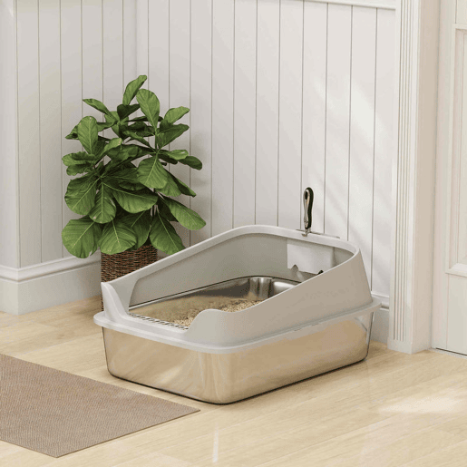 PawHut Caixa de Areia para Gatos em Aço Inoxidável XXL Caixa de Areia para Gatos com Borda Alta Pá Fácil de Limpar À Prova de Fugas 70x50x30 cm Cinzento