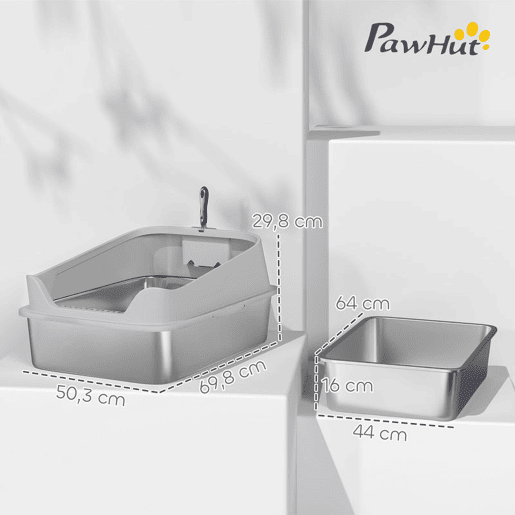 PawHut Caixa de Areia para Gatos em Aço Inoxidável XXL Caixa de Areia para Gatos com Borda Alta Pá Fácil de Limpar À Prova de Fugas 70x50x30 cm Cinzento