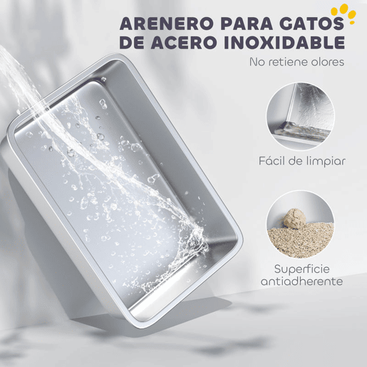 PawHut Caixa de Areia para Gatos em Aço Inoxidável XXL Caixa de Areia para Gatos com Borda Alta Pá Fácil de Limpar À Prova de Fugas 70x50x30 cm Cinzento