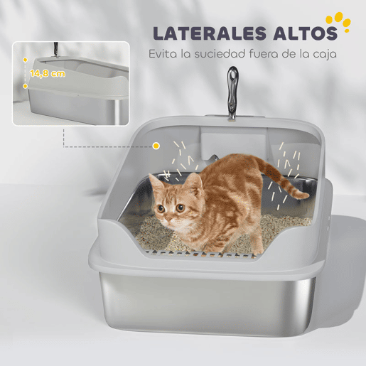PawHut Caixa de Areia para Gatos em Aço Inoxidável XXL Caixa de Areia para Gatos com Borda Alta Pá Fácil de Limpar À Prova de Fugas 70x50x30 cm Cinzento
