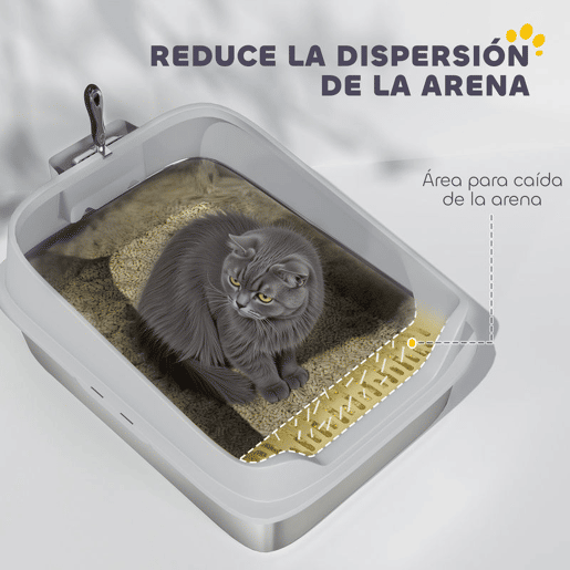 PawHut Caixa de Areia para Gatos em Aço Inoxidável XXL Caixa de Areia para Gatos com Borda Alta Pá Fácil de Limpar À Prova de Fugas 70x50x30 cm Cinzento