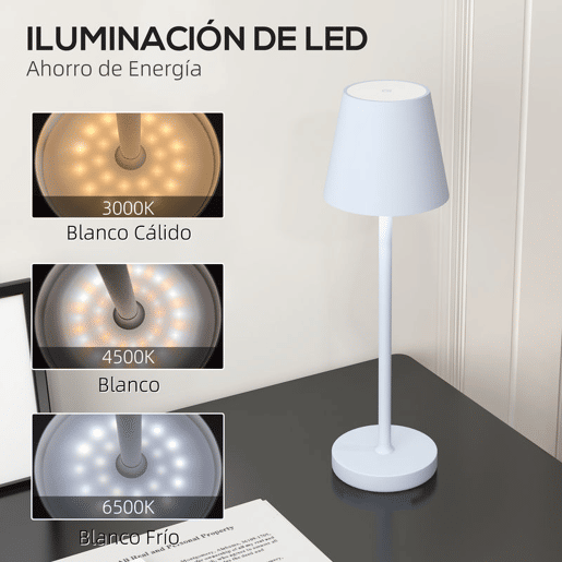 HOMCOM Candeeiro de Mesa com Luzes LED Candeeiro de Mesa Sem Fios Recarregável por USB-C 3 Cores Ecrã de Acrílico para Quarto Sala Ø11,2x36,5 cm Branco