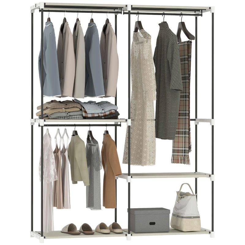 Homcom armario de ropa, perchero, 142x43x185 cm, armario abierto con 4 estantes de tela, 3 barras para colgar, marco de metal, para dormitorio, salón, vestidor, crema