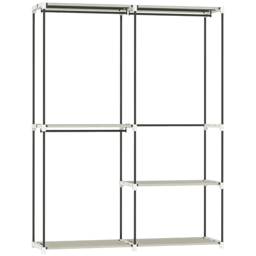 HOMCOM Armário de Roupa Aberto 142x43x185 cm Armário para Roupas com 4 Prateleiras de Tecido 3 Barras para Pendurar e Estrutura de Metal para Quarto Sala Closet Creme