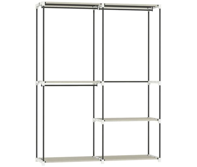 Homcom armario de ropa, perchero, 142x43x185 cm, armario abierto con 4 estantes de tela, 3 barras para colgar, marco de metal, para dormitorio, salón, vestidor, crema