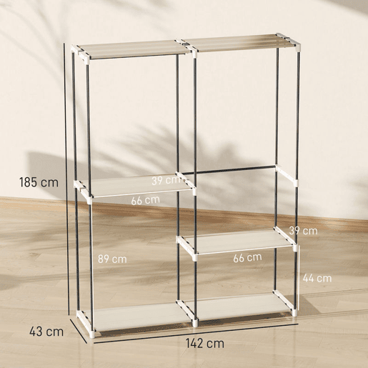 HOMCOM Armário de Roupa Aberto 142x43x185 cm Armário para Roupas com 4 Prateleiras de Tecido 3 Barras para Pendurar e Estrutura de Metal para Quarto Sala Closet Creme