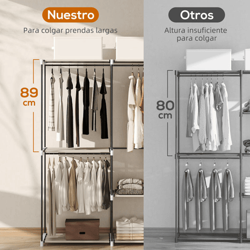 HOMCOM Armário de Roupa Aberto 142x43x185 cm Armário para Roupas com 4 Prateleiras de Tecido 3 Barras para Pendurar e Estrutura de Metal para Quarto Sala Closet Creme