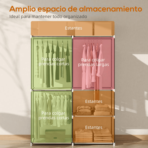HOMCOM Armário de Roupa Aberto 142x43x185 cm Armário para Roupas com 4 Prateleiras de Tecido 3 Barras para Pendurar e Estrutura de Metal para Quarto Sala Closet Creme