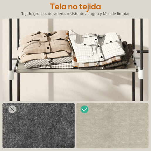 HOMCOM Armário de Roupa Aberto 142x43x185 cm Armário para Roupas com 4 Prateleiras de Tecido 3 Barras para Pendurar e Estrutura de Metal para Quarto Sala Closet Creme