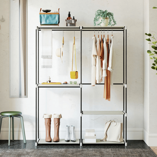 HOMCOM Armário de Roupa Aberto 142x43x185 cm Armário para Roupas com 4 Prateleiras de Tecido 3 Barras para Pendurar e Estrutura de Metal para Quarto Sala Closet Creme