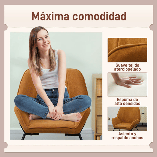 HOMCOM Poltrona Sala de Estar Moderna Poltrona de Leitura com Assento Largo e Acolchoado Estofada em Veludo Pés de Metal Poltrona para Dormitório 70x67,5x87 cm Marrom