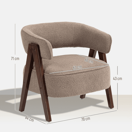HOMCOM Poltrona de Sala de Estar Estofada em Borreguito Poltrona de Leitura Almofadada e Moderna Assento Largo Pés de Madeira e Encosto Curvo para Quarto Escritório 70x64x71 cm Marrom Claro