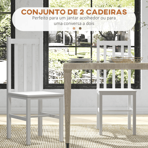 HOMCOM Conjunto de 2 Cadeiras de Sala de Jantar Cadeiras de Cozinha com Encosto de Ripas Estrutura de Madeira de Pinho para Sala de Estar Capacidade 120 kg 38,5x47,5x99 cm Branco