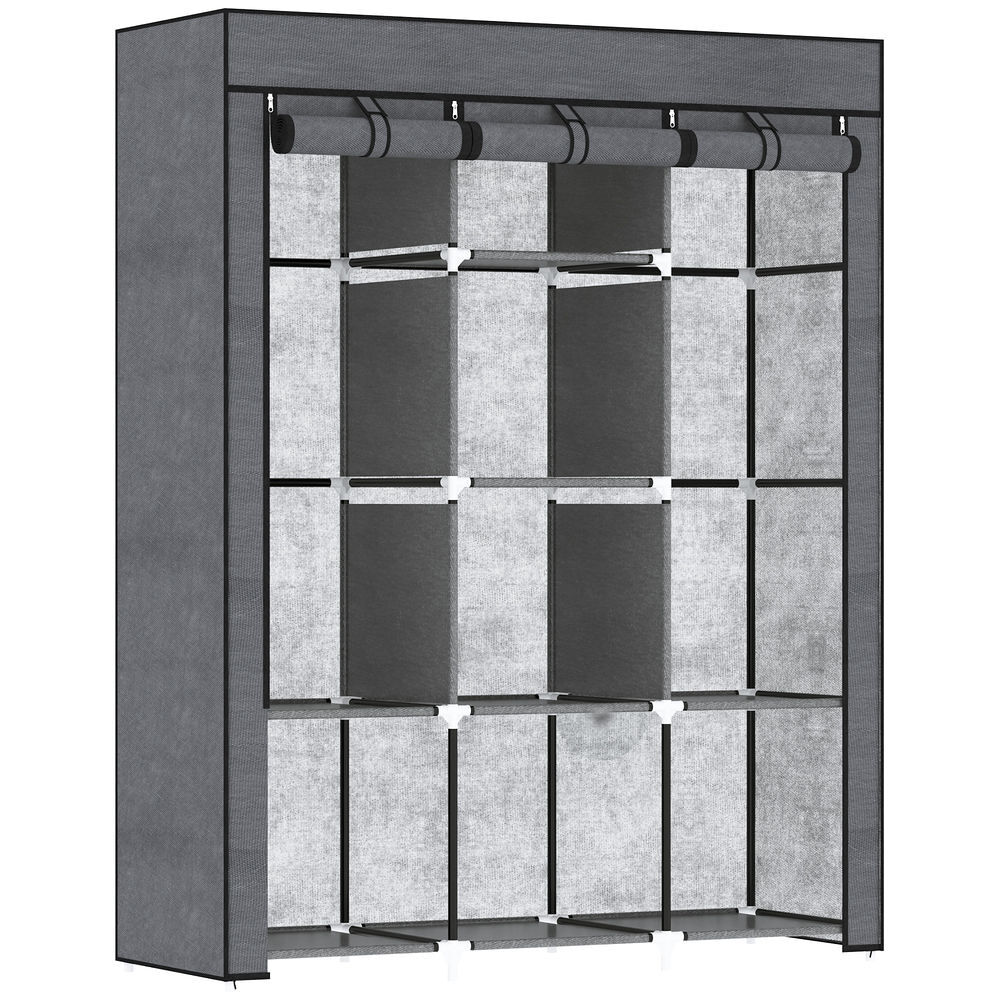 Homcom armario de tela plegable, armario portátil con 2 barras para colgar, 8 estantes, marco de acero, para dormitorio, vestidor, 125x43x162,5 cm, gris oscuro