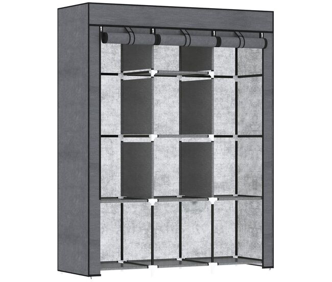 Homcom armario de tela plegable, armario portátil con 2 barras para colgar, 8 estantes, marco de acero, para dormitorio, vestidor, 125x43x162,5 cm, gris oscuro